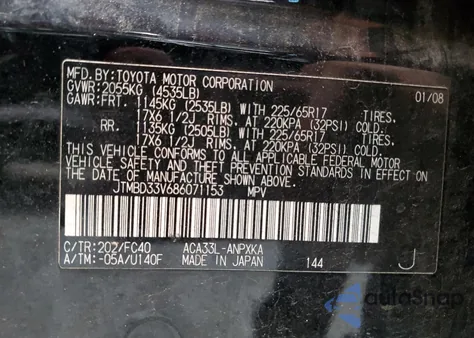 2008 Toyota Rav4 z USA, uszkodzony, nr VIN JTMBD33V686071153